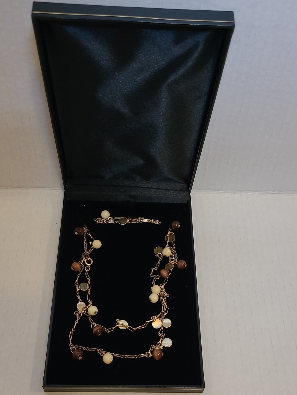 Vintage Gold-Tone Layered Necklace with Brown and Cream Beads